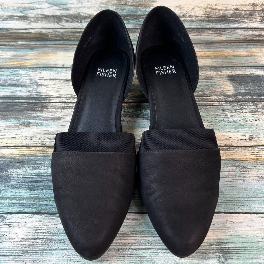 Eileen Fisher D'Orsay Shoes Womens 7.5 Black Leather Dress Wedge Heel Slip On